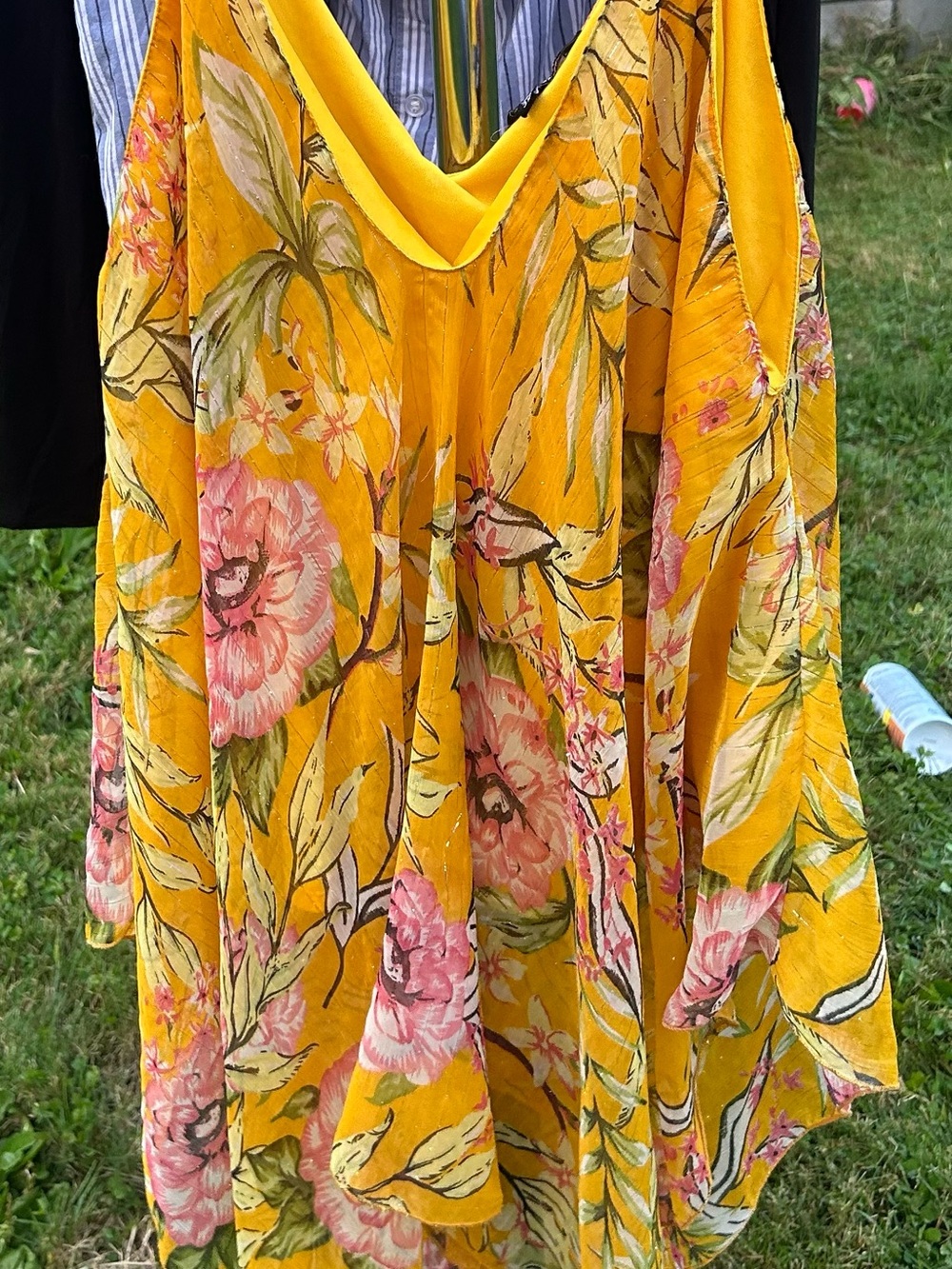 Unique Spectrum Yellow Floral Sundress with Pink Blossoms